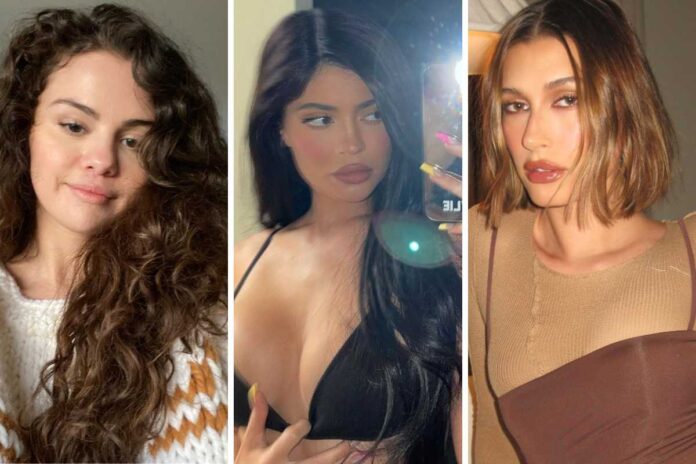 fotomontagem de retratos de selena gomez, kylie jenner e hailey bieber