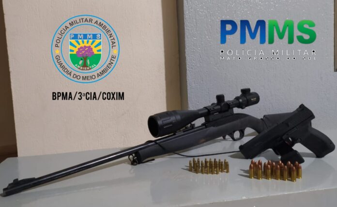 PMA de Coxim surpreende quatro caçadores, prende um deles porte ilegal de rifle com luneta, pistola 9mm e munições e evita matança de animais silvestres