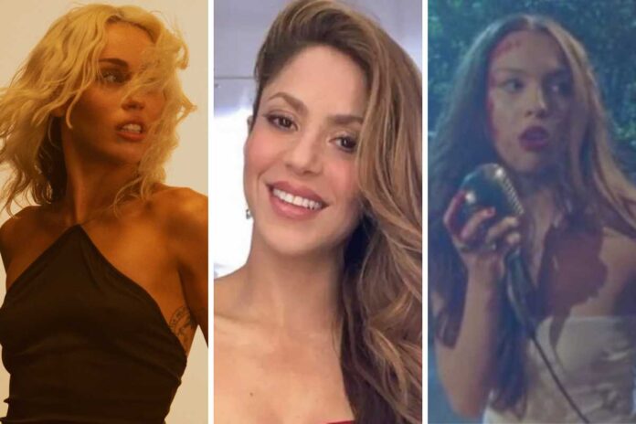 fotomontagem de retratos de miley cyrus, shakira e olivia rodrigo