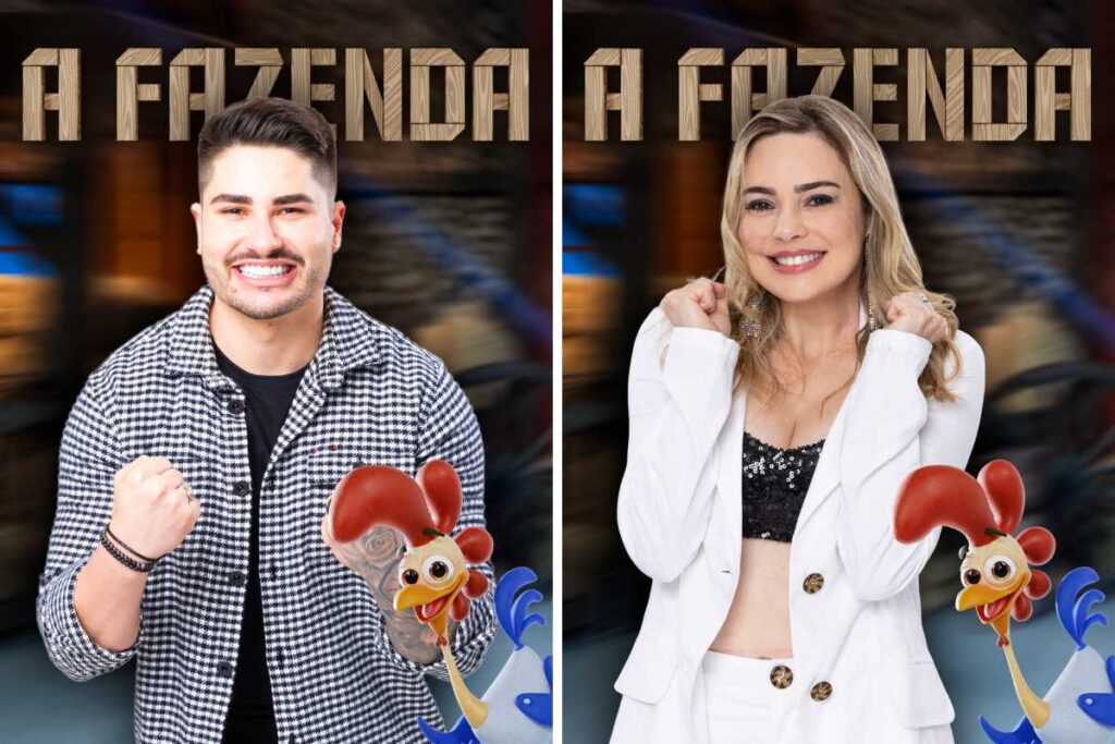 fotomontagem de lucas souza e rachel sheherazade em cartazes de a fazenda 15